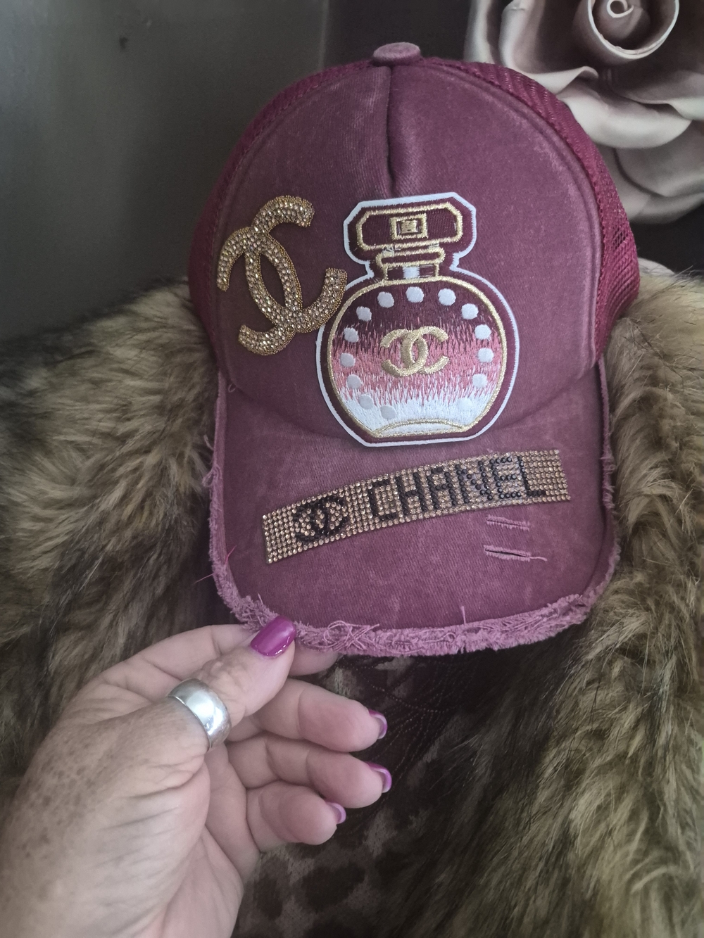 Designer Inspired Maroon Embellished Baseball Cap